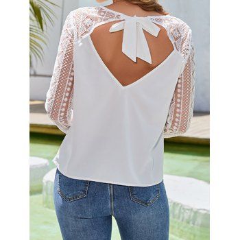 

Bowknot Cut Out T Shirt Geometric Lace Panel Solid Color Long Sleeve Casual Tee, White