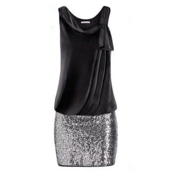 

Sparkly Sequins Drop Waist Dress Cowl Neck Mini Dress Sleeveless Summer Combo Dress, Black