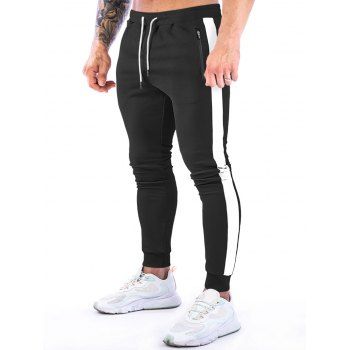 

Colorblock Striped Trim Sport Sweatpants Zipper Pockets Drawstring Elastic Waist Casual Jogger Pants, Black