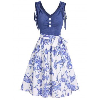 

Colorblock Flower Print Cottagecore Mini Dress Mock Button Cinched Strap Combo Dress V Neck Knotted Front A Line Dress, Blue