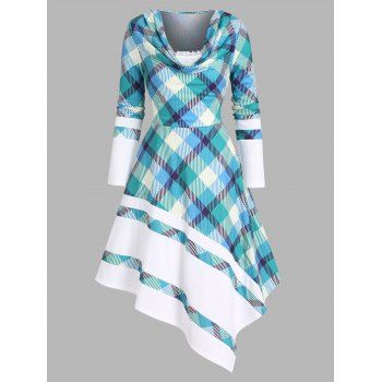 

Colorblock Striped Plaid Print Asymmetric Dress Cowl Neck Lace Ruffles Long Sleeve Dress, Green