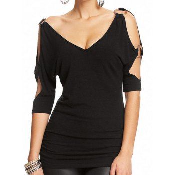 

Cold Shoulder T Shirt O Ring Ruched T-shirt Long V Neck Casual Tee, Black