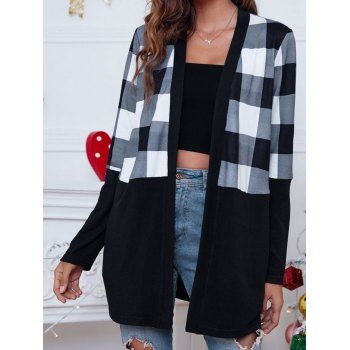 

Casual Knit Cardigan Plaid Print Cardigan Long Sleeve Open Front Cardigan, Black