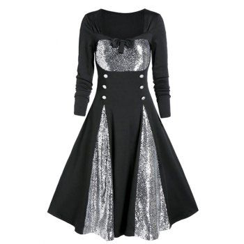 

Long Sleeve Party Dress Sequined Bowknot Mock Button Sweetheart Neck A Line Mini Dress, Black