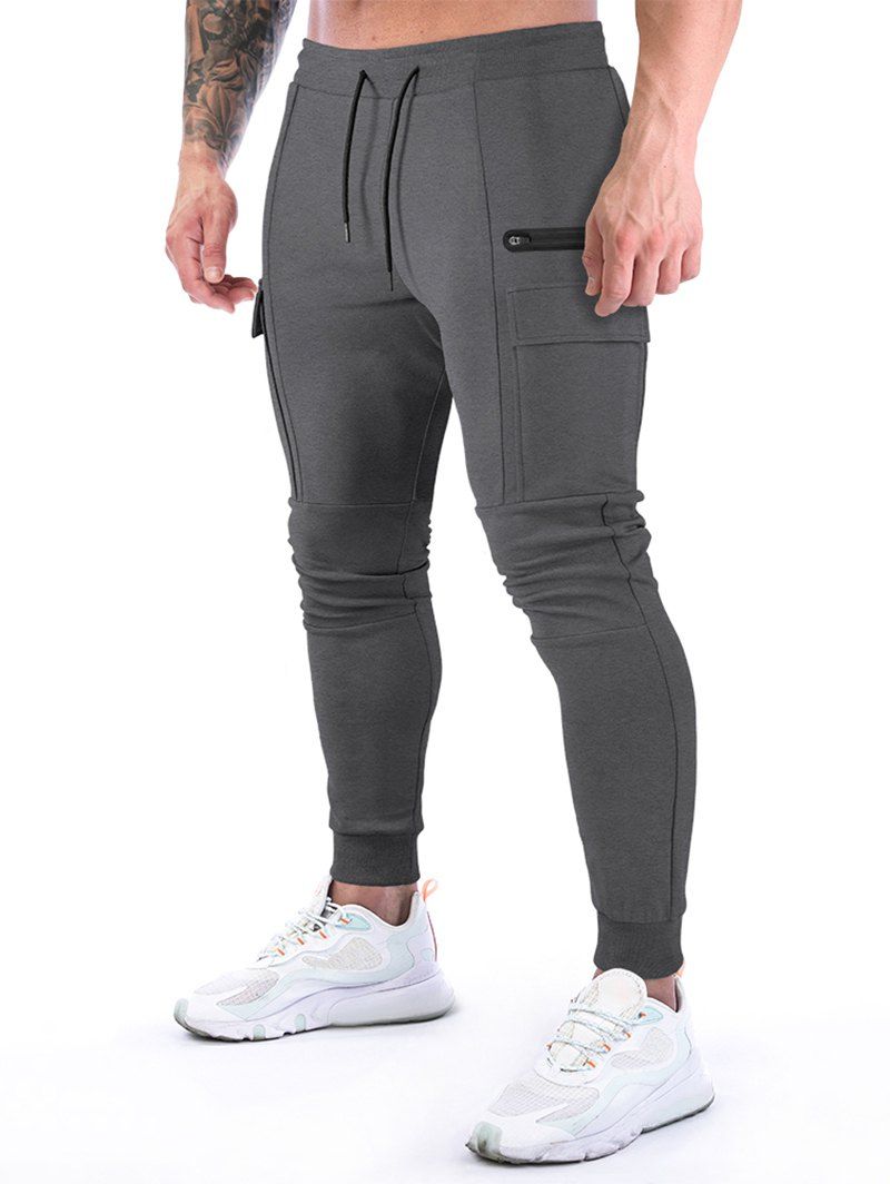 Pantalon de Jogging Décontracté Cargo à Taille Elastique avec Poches à Rabat - Gris Foncé S