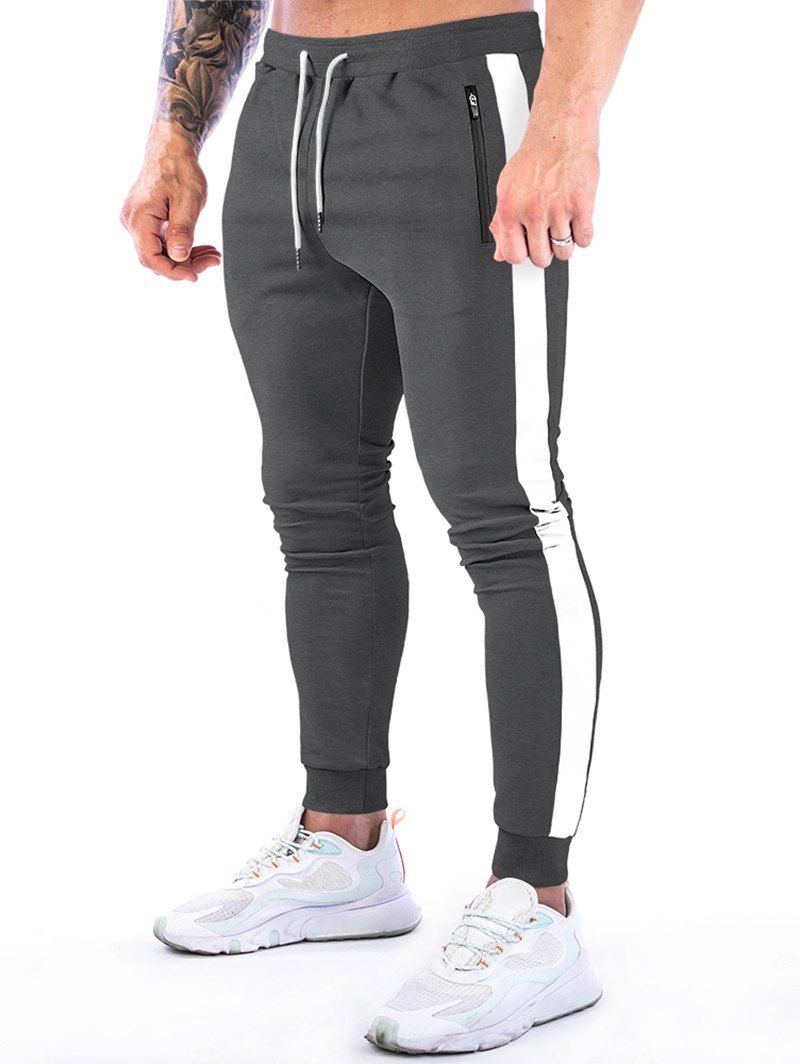 Pantalon de Jogging de Sport Décontracté Zippé en Blocs de Couleurs à Taille Elastique - Gris Foncé L
