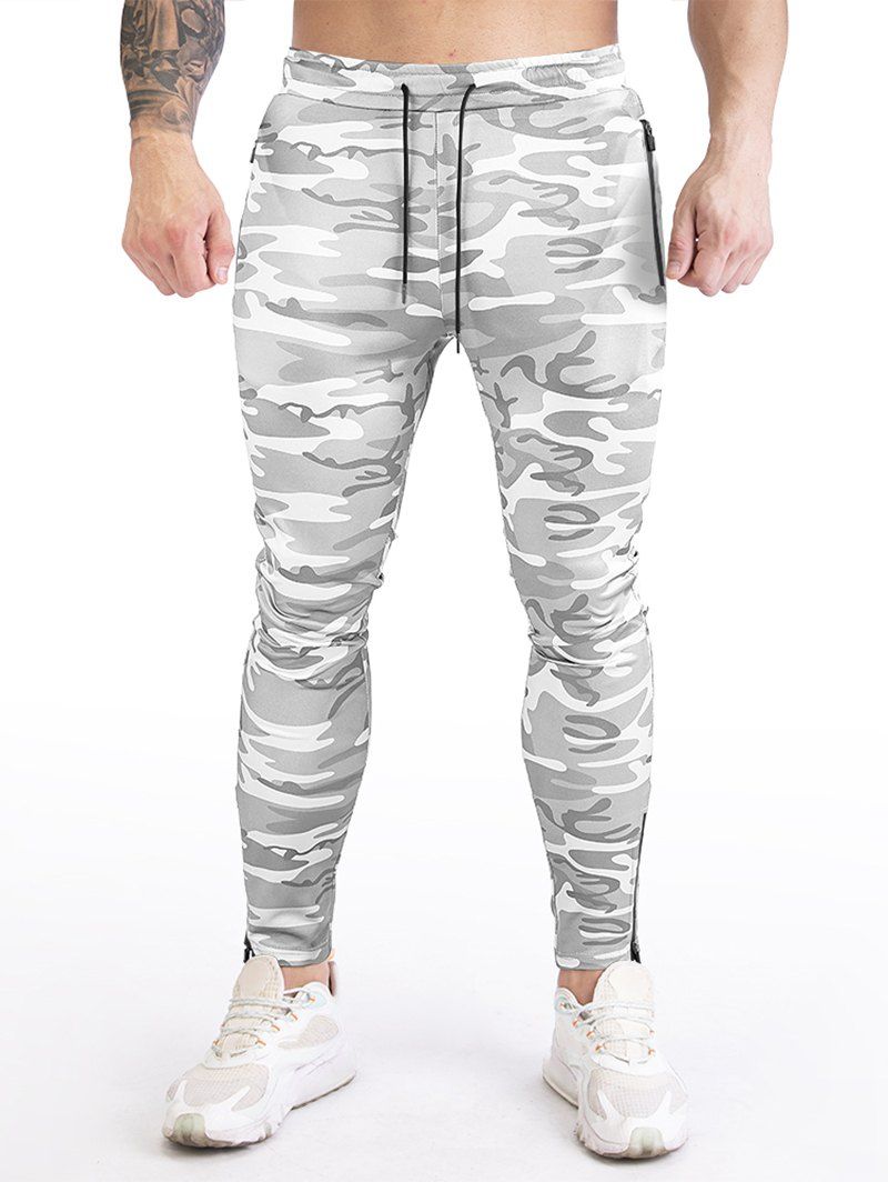 Pantalon de Sport à Imprimé Camouflage Zippé Taille Elastique à Cordon - Blanc XXL