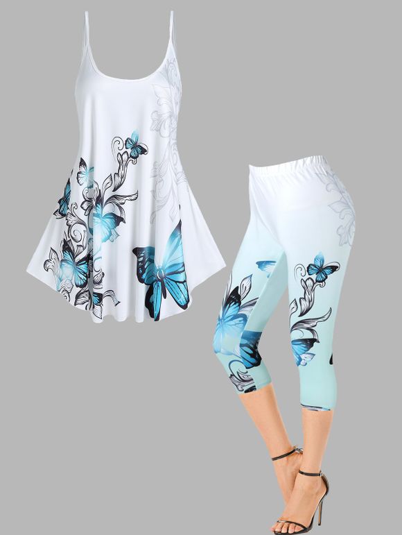 Ensemble Débardeur Moulant à Bretelle Fine Ajustable à Imprimé Fleur et Papillon et Legging Corsaire Ombré - Blanc S