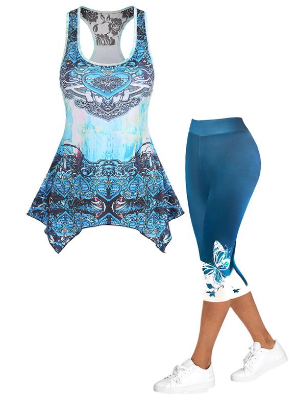 Ensemble de Débardeur D'été Asymétrique à Fleurs et Papillon Contrastant et Legging Moulant Ombré - Bleu S