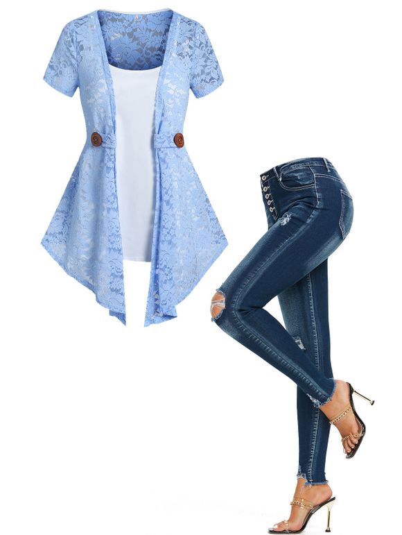 Ensemble de Haut Transparent Motif de Fleur en Dentelle en Couleur Unie et Jean Déchiré avec Bouton - Bleu S