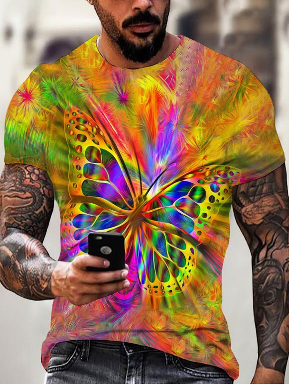 T-shirt D'Eté à Imprimé Papillon à Manches Courtes à Col Rond - multicolor XL