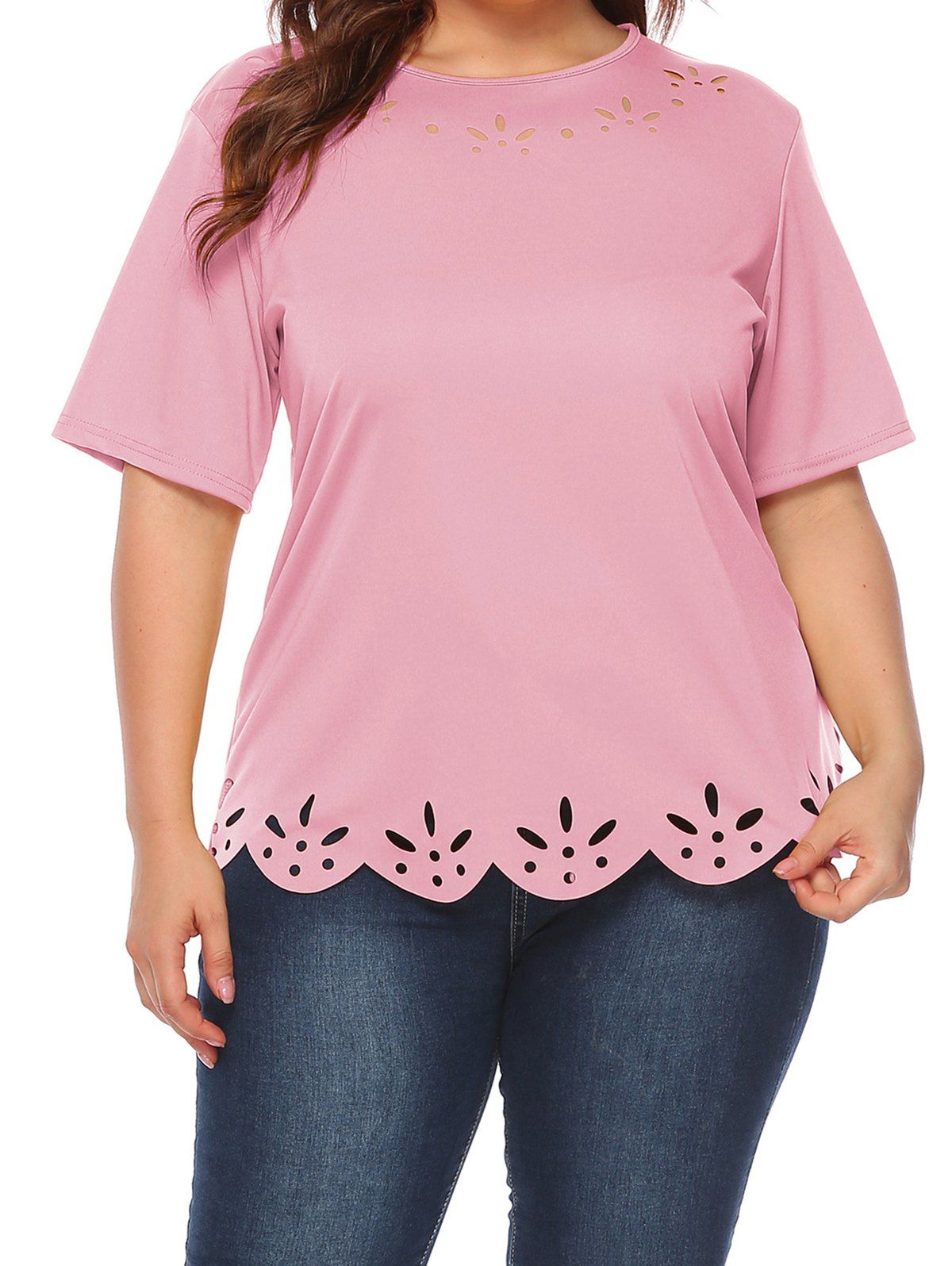 T-shirt Décontracté Festonné Découpé en Couleur Unie de Grande Taille - Rose clair 1XL