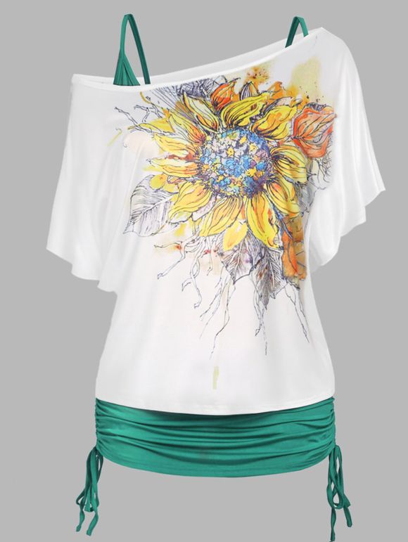 Ensemble de Haut Tournesol et de T-Shirt à Imprimé Plume de Grande Taille Deux Pièces - Blanc 5X
