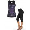 Gothic Skull Print Cut Out Tank Top And High Waist Mock Button Skinny Capri Summer Outfit - BLACK S