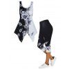 Two Tone Rose Flower Print Lace Insert Asymmetric Tank Top And High Waist Skinny Cropped Leggings Summer Outfit - BLACK S