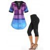 Ombre Plaid Print Lace Up Short Sleeve T Shirt And High Waist Mock Button Pockets Cropped Pants Outfit - multicolor S