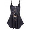 Celestial Moon Star Print Strappy Tank Top And Hollow Out O Rings Elastic High Waist Capri Leggings Outfit - BLACK S
