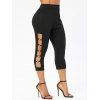 Cinched Tie Ruched Zipper Embellishment T-shirt And Hollow Out O Rings Elastic High Waist Capri Leggings Outfit - multicolor S