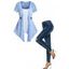 Ensemble de Haut Transparent Motif de Fleur en Dentelle en Couleur Unie et Jean Déchiré avec Bouton - Bleu S
