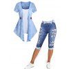 See Thru Open Front Flower Lace Top Pure Color Camisole Set And Denim 3D Print Cropped Jeggings Casual Outfit - LIGHT BLUE S