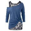 Two Piece Top Sheer Floral Lace Tank Top And Solid Color Knit Textured Long Sleeve T Shirt Skew Neck Casual Top - BLUE S