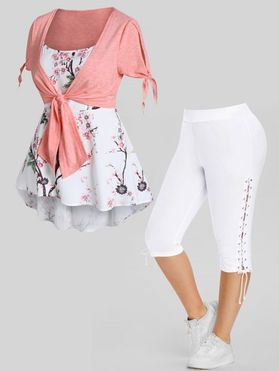 Plus Size Peach Blossom Tree Print Tied Slit Colorblock Faux Twinset T Shirt And Eyelet Lace Up Cropped Leggings Outfit
