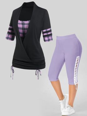 Plus Size & Curve Plaid Print Cinched Tie Crossover Faux Twinset T Shirt And Eyelet Lace Up Capri Leggings Outfit