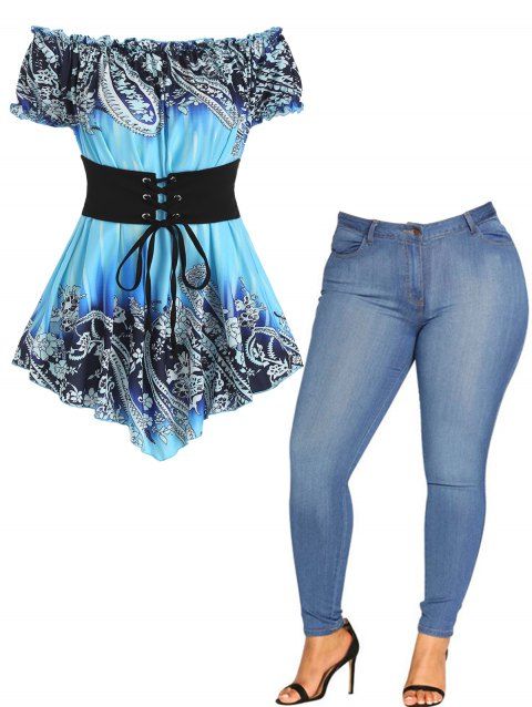 Plus Size Flower Print Off The Shoulder Lace Up Ruffled Puff Sleeve Corset Style Tee And Skinny Zipper Fly Long Jeans Outfit