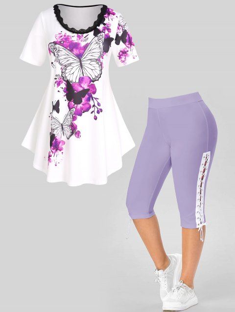 Plus Size Flower Butterfly Print Lace Ruffles Short Sleeve Tee And Eyelet Lace Up Capri Leggings Outfit