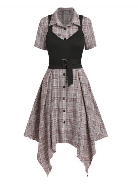 Plaid Print Button-up Handkerchief Hem Midi Dress and Solid Color Self Belted Cami Top Two Piece Vintage Outfit