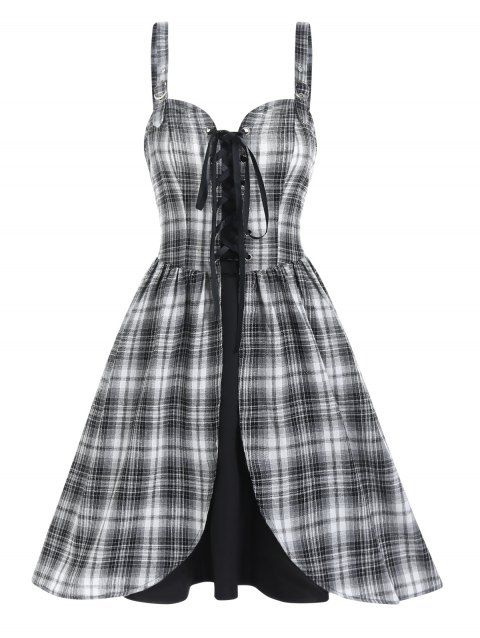 Plaid Print Mini Dress Lace Up Buckle Straps A Line Dress Corset Style Backless Dress
