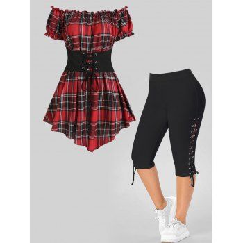 Plus Size Lace Up Corset Style Ruffled Puff Sleeve Off The Shoulder Tee And Eyelet Lace Up Cropped Leggings Outfit