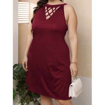 

Plus Size Dress Solid Color Dress Geometric Cut Out Casual Sheath Mini Dress, Deep red