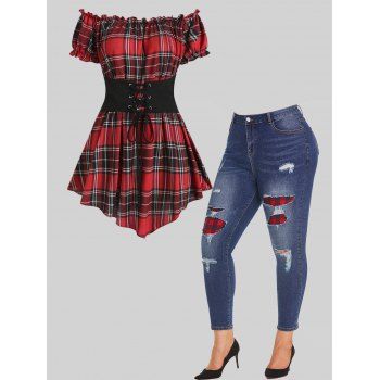 

Plus Size Plaid Off The Shoulder Corset Style Ruffles Puff Sleeve Asymmetric T Shirt And Ripped Patches Jeans Outfit, Multicolor