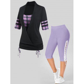 

Plus Size & Curve Plaid Print Cinched Tie Crossover Faux Twinset T Shirt And Eyelet Lace Up Capri Leggings Outfit, Light purple