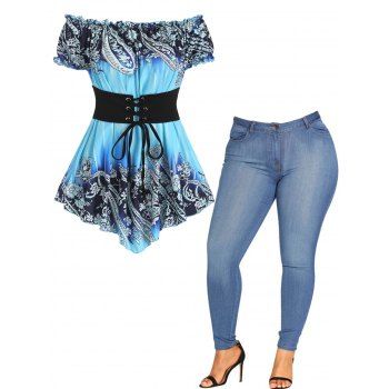 

Plus Size Flower Print Off The Shoulder Lace Up Ruffled Puff Sleeve Corset Style Tee And Skinny Zipper Fly Long Jeans Outfit, Blue