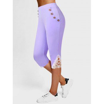 

High Waisted Lace Applique Capri Leggings, Light purple