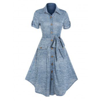 

Space Dye Dress Shirt Dress Belted Turn Down Collar Pockets A Line Midi Casual Dress, Light blue