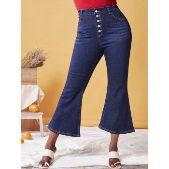 

Plus Size Button Fly Bell Bottom Jeans, Deep blue