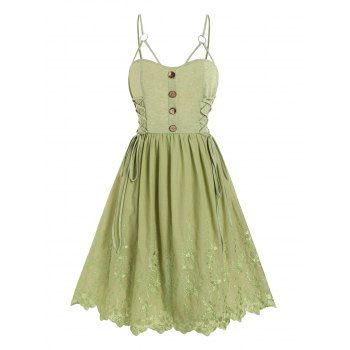 

Flower Embroidery Cottagecore Dress Lace Up Mock Button A Line Dress O Ring Adjustable Straps Backless Dress, Light green