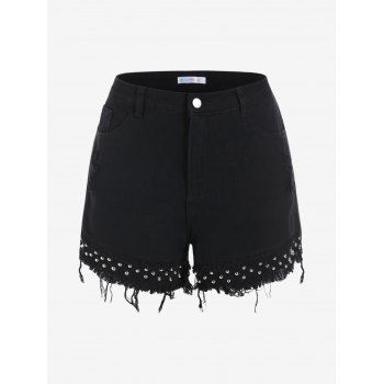 

Plus Size Studs Distressed Raw Hem Denim Shorts, Black