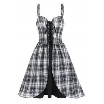 

Plaid Print Mini Dress Lace Up Buckle Straps A Line Dress Corset Style Backless Dress, Black