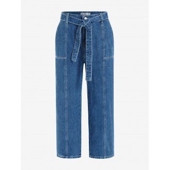 

Plus Size Belted Topstitching Wide Leg Jeans, Deep blue