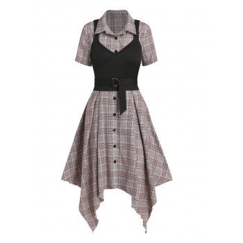 

Plaid Print Button-up Handkerchief Hem Midi Dress and Solid Color Self Belted Cami Top Two Piece Vintage Outfit, Coffee