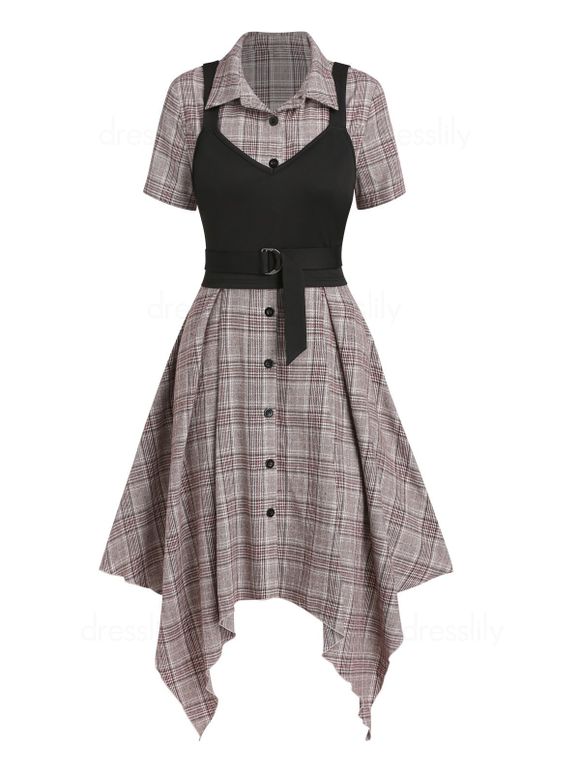 Plaid Print Button-up Handkerchief Hem Midi Dress and Solid Color Self Belted Cami Top Two Piece Vintage Outfit - COFFEE XXL