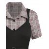 Plaid Print Button-up Handkerchief Hem Midi Dress and Solid Color Self Belted Cami Top Two Piece Vintage Outfit - COFFEE XXL