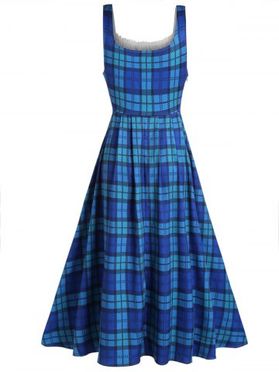 Vintage Dress Plaid Print Dress Lace Up Ruffle Sleeveless High Waisted A Line Maxi Casual Dress 