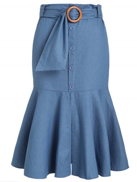 Plus Size Skirt Chambray Skirt Mock Button Solid Color Belted Flounce A Line Midi Skirt
