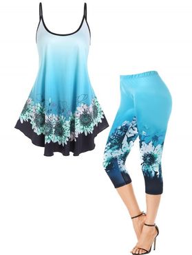 Ombre Flower Print Adjustable Shoulder Straps Cottagecore Tank Top And High Waist Skinny Cropped Leggings Outfit
