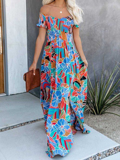 Vacation Beach Dress Shirred Dress Floral Colorful Print Crossover Off the Shoulder Slit High Waisted A Line Maxi Dress
